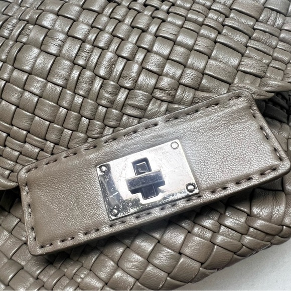 FALOR FIRENZE Italian Leather Woven Bag Purse Chain Taupe Gray Tone crossbody - Picture 3 of 6